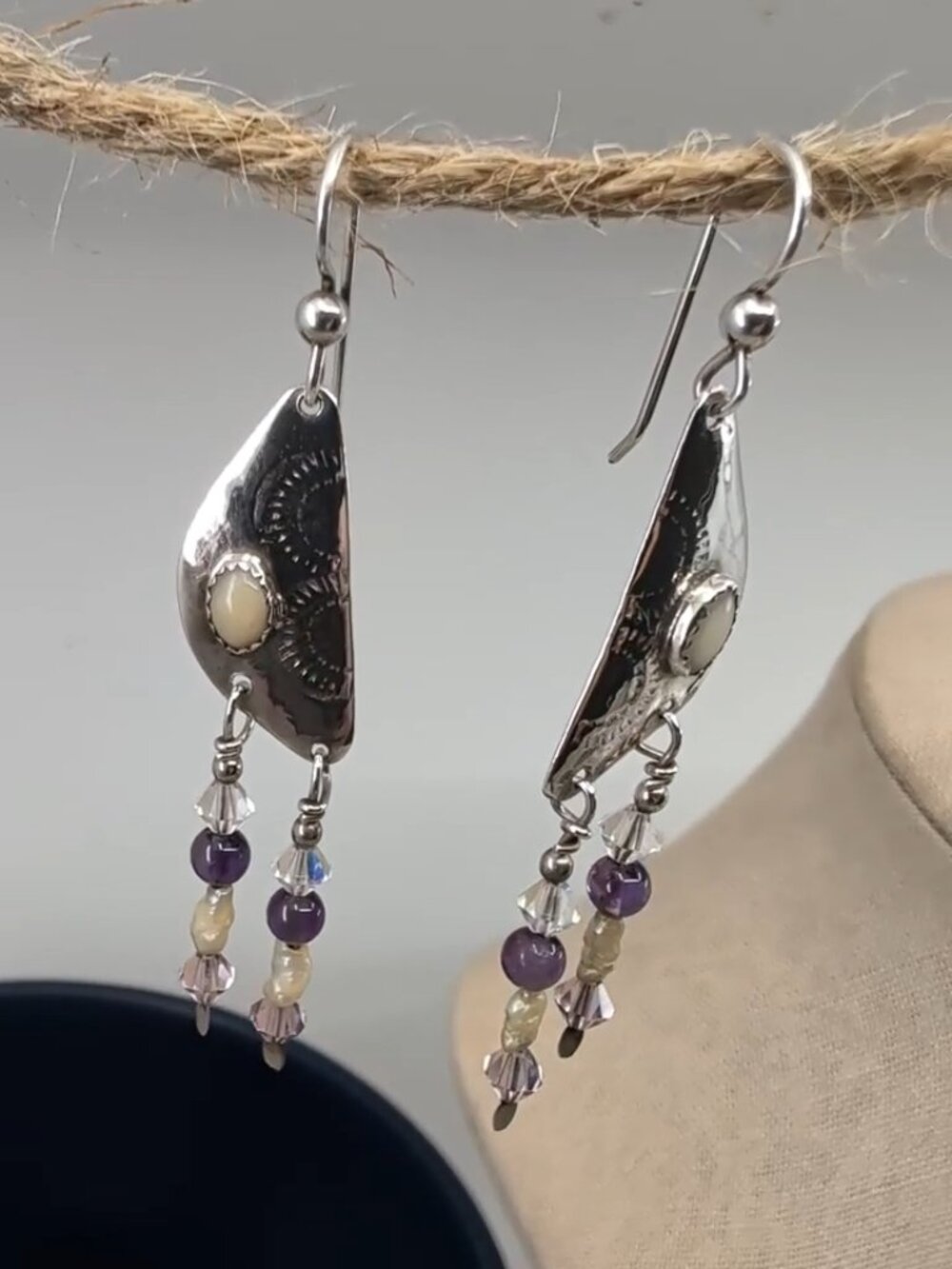 Vintage Hand Hammered Sterling Silver Amethyst Pearl Dangle Earrings - Picture 14 of 17